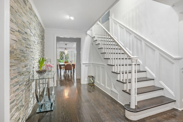 20 Fieldstone Dr, Easton, CT 06612 - stairs with a decorative wall, hardwood / wood-style flooring, ornamental molding, and a wainscoted wall