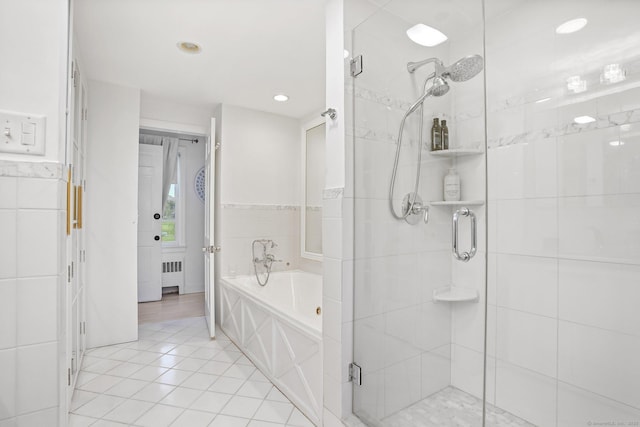 20 Fieldstone Dr, Easton, CT 06612 - bathroom with radiator, a shower stall, a garden tub, tile patterned flooring, and recessed lighting
