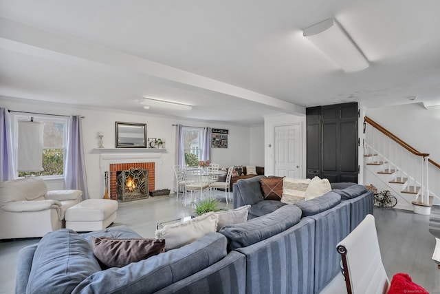 20 Fieldstone Dr, Easton, CT 06612 - living room with stairs, plenty of natural light, a fireplace, and wood finished floors