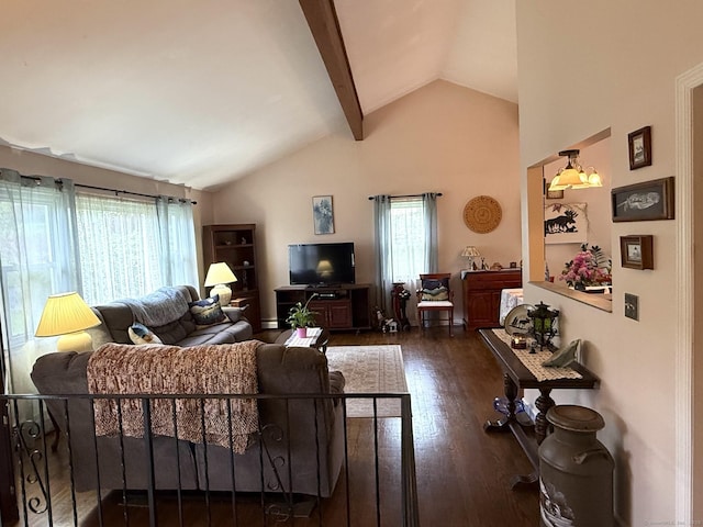 living area with wood finished floors, high vaulted ceiling, and beamed ceiling