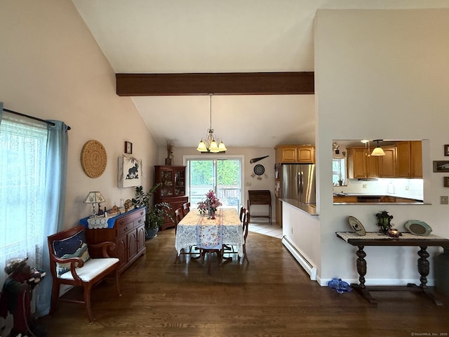 dining room featuring a baseboard radiator, a chandelier, dark wood-style flooring, high vaulted ceiling, and beamed ceiling
