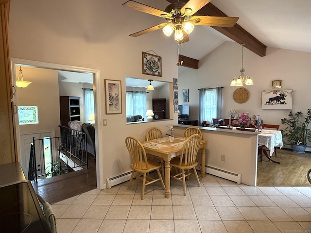 dining room featuring a baseboard radiator, beamed ceiling, a ceiling fan, light tile patterned flooring, and a chandelier