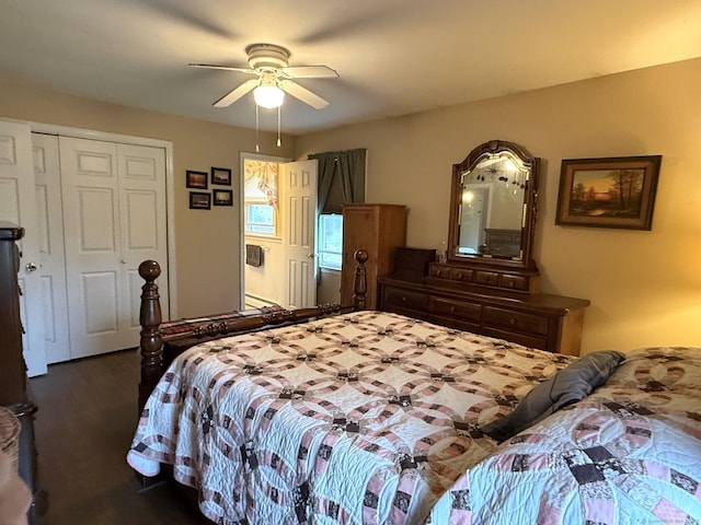 bedroom with a closet, wood finished floors, and a ceiling fan