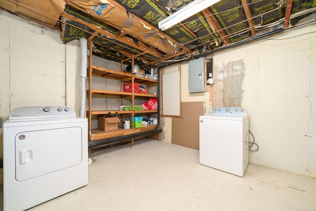 unfinished basement featuring electric panel and washer and dryer