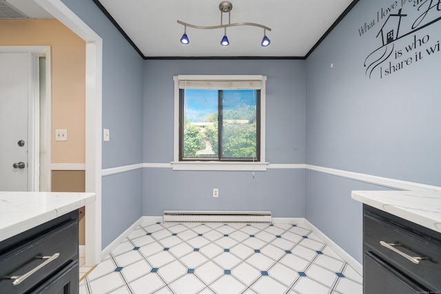 unfurnished dining area featuring light floors, baseboards, a baseboard radiator, and crown molding