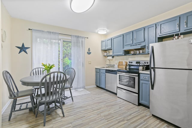kitchen with appliances with stainless steel finishes, under cabinet range hood, blue cabinets, and light wood-type flooring