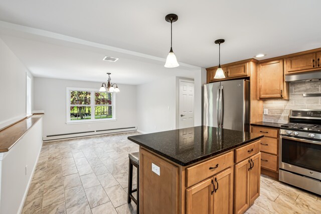 138 Flood Rd, Marlborough, CT 06447 - kitchen with appliances with stainless steel finishes, a baseboard heating unit, light marble finish flooring, range hood, and backsplash