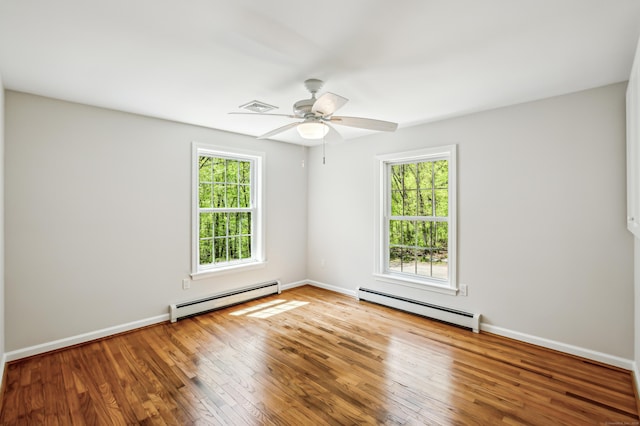 138 Flood Rd, Marlborough, CT 06447 - spare room featuring a baseboard radiator, hardwood / wood-style floors, a ceiling fan, and baseboards