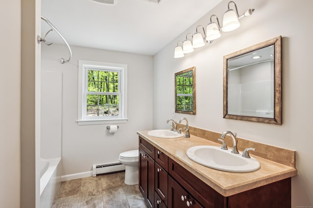 138 Flood Rd, Marlborough, CT 06447 - full bathroom with a baseboard radiator, baseboards, toilet, and double vanity