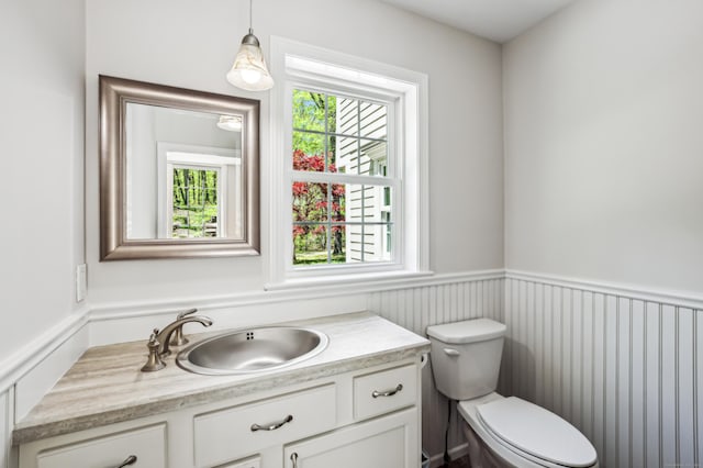 138 Flood Rd, Marlborough, CT 06447 - half bath with vanity, a wainscoted wall, and toilet