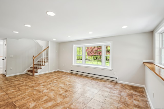 138 Flood Rd, Marlborough, CT 06447 - unfurnished living room with a baseboard radiator, stairs, recessed lighting, and baseboards