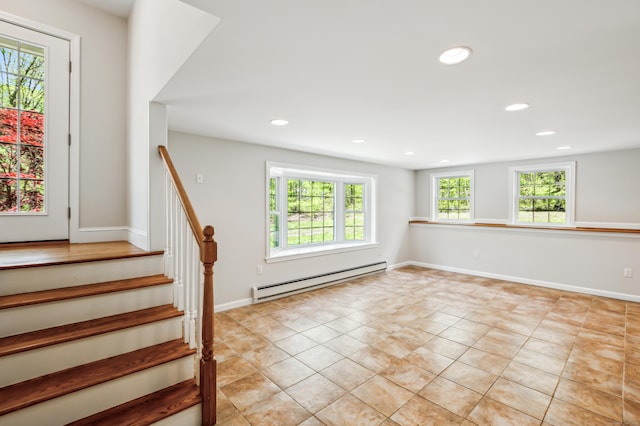 138 Flood Rd, Marlborough, CT 06447 - interior space with a baseboard heating unit, stairs, recessed lighting, light tile patterned floors, and baseboards