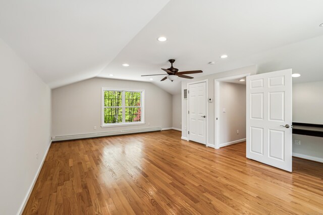 138 Flood Rd, Marlborough, CT 06447 - additional living space featuring a baseboard heating unit, light wood-style flooring, vaulted ceiling, ceiling fan, and recessed lighting