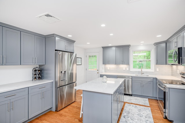 kitchen with appliances with stainless steel finishes, gray cabinets, a sink, healthy amount of natural light, and recessed lighting