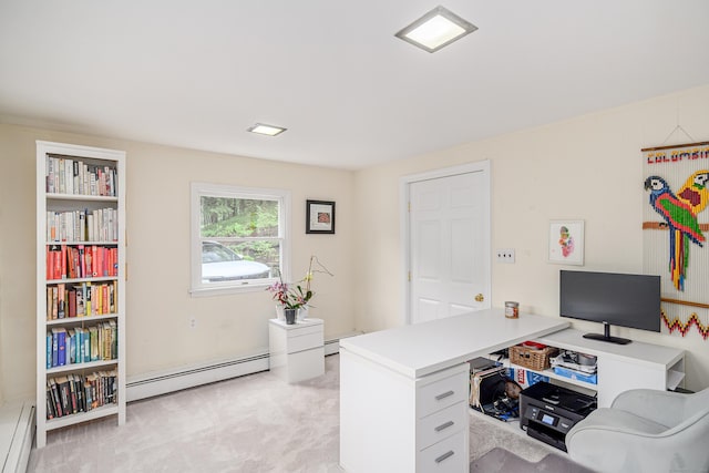office with a baseboard radiator, light carpet, and baseboard heating