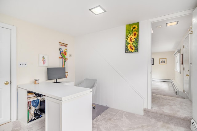 office area featuring carpet and a baseboard heating unit