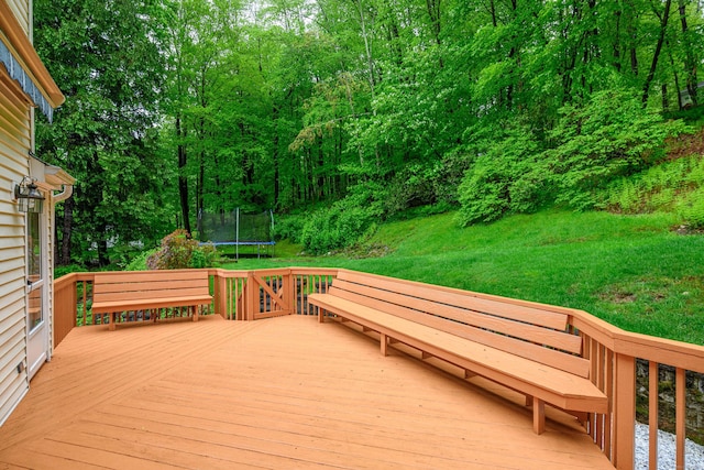 wooden deck with a trampoline and a yard