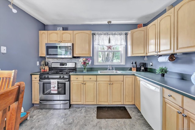 2 Chestnut Ct, Seymour, CT 06483 - kitchen with appliances with stainless steel finishes, light brown cabinetry, a sink, and dark countertops