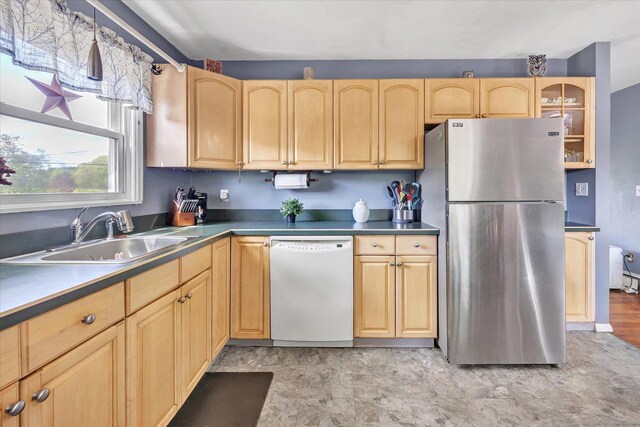 2 Chestnut Ct, Seymour, CT 06483 - kitchen featuring freestanding refrigerator, dishwasher, a sink, and light brown cabinetry