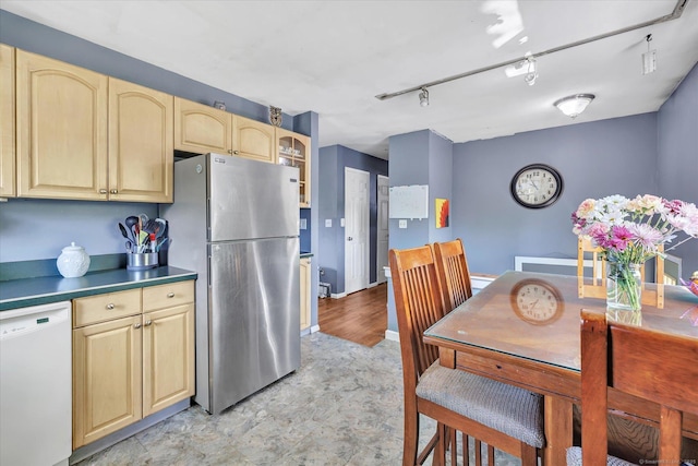 2 Chestnut Ct, Seymour, CT 06483 - kitchen featuring freestanding refrigerator, white dishwasher, light brown cabinets, and glass insert cabinets