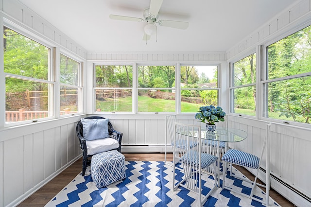 14 Arnold Ln, Norwalk, CT 06853 - sunroom with a ceiling fan, baseboard heating, and a baseboard radiator