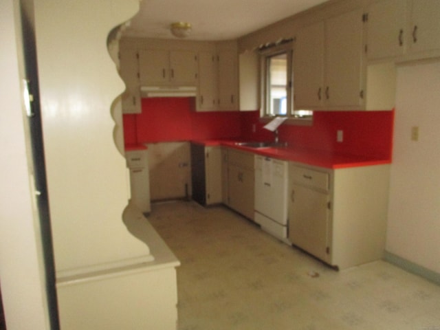 kitchen featuring dishwashing machine, ventilation hood, a sink, white cabinets, and decorative backsplash