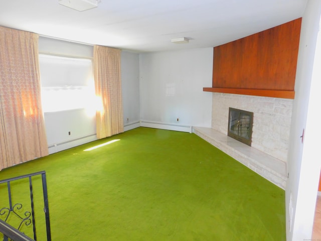 29 Barholm Ave, Stamford, CT 06907 - unfurnished living room with a baseboard heating unit, carpet floors, a stone fireplace, baseboards, and a baseboard radiator