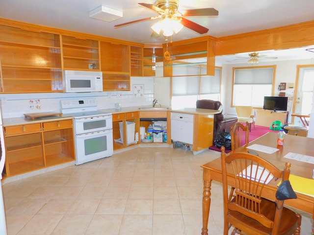 29 Barholm Ave, Stamford, CT 06907 - kitchen with white appliances, a ceiling fan, a sink, backsplash, and open shelves