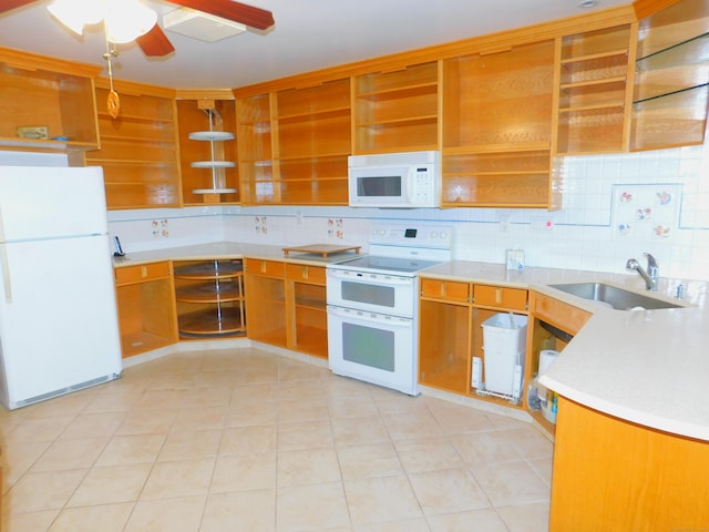 29 Barholm Ave, Stamford, CT 06907 - kitchen with white appliances, a sink, open shelves, tasteful backsplash, and a ceiling fan