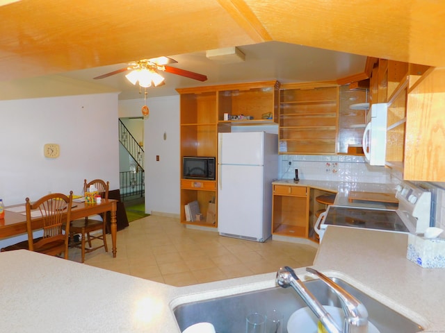29 Barholm Ave, Stamford, CT 06907 - kitchen featuring white appliances, open shelves, a ceiling fan, backsplash, and light tile patterned floors