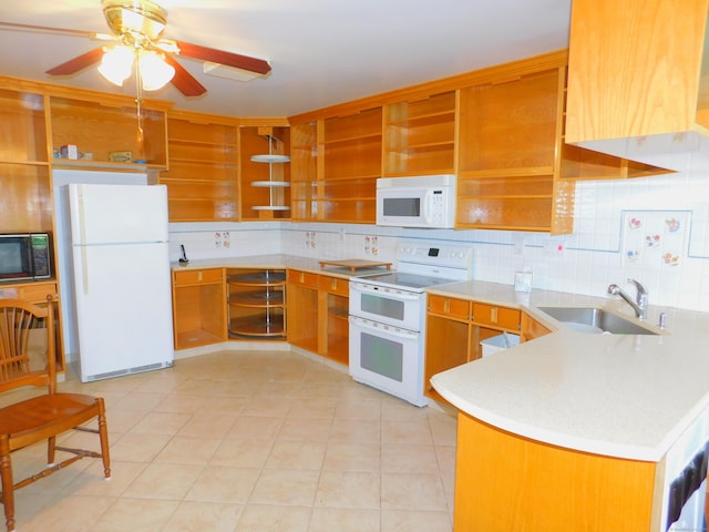 29 Barholm Ave, Stamford, CT 06907 - kitchen with white appliances, a sink, open shelves, and tasteful backsplash
