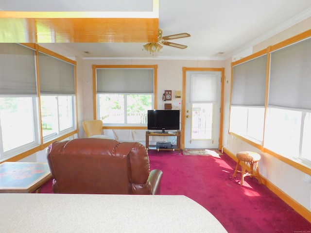 29 Barholm Ave, Stamford, CT 06907 - living room with carpet floors, baseboards, ornamental molding, and a ceiling fan