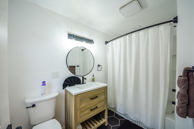 full bathroom with vanity, toilet, tile patterned floors, and shower / bath combo with shower curtain