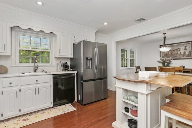 9 Cindy Ln, Norwalk, CT 06851 - kitchen featuring black dishwasher, stainless steel fridge with ice dispenser, a sink, dark wood finished floors, and white cabinets