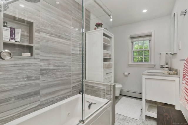 9 Cindy Ln, Norwalk, CT 06851 - full bath featuring baseboard heating, vanity, shower / bath combination with glass door, toilet, and speckle patterned floor
