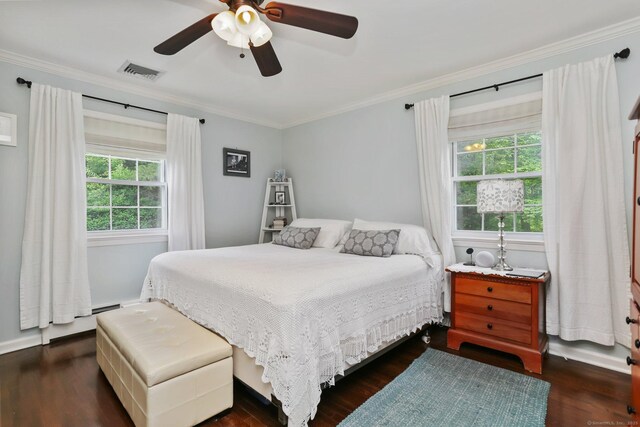 9 Cindy Ln, Norwalk, CT 06851 - bedroom featuring dark wood-type flooring, a baseboard heating unit, ornamental molding, baseboards, and ceiling fan