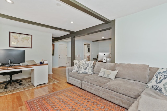 9 Cindy Ln, Norwalk, CT 06851 - living room with a desk, wood finished floors, recessed lighting, beamed ceiling, and baseboards