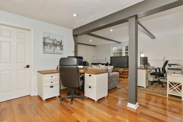 9 Cindy Ln, Norwalk, CT 06851 - office with light wood finished floors, beamed ceiling, a baseboard heating unit, and recessed lighting