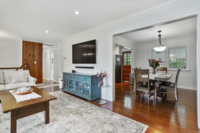 9 Cindy Ln, Norwalk, CT 06851 - living room with ornamental molding, wood finished floors, baseboards, and recessed lighting