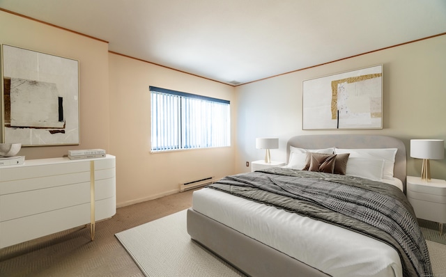 bedroom featuring light colored carpet, a baseboard radiator, crown molding, and baseboards