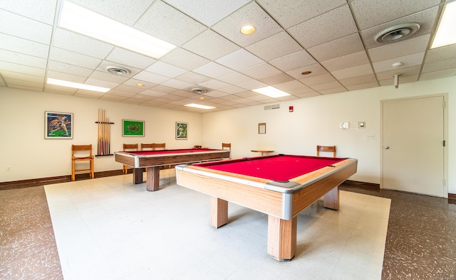 game room featuring billiards, a drop ceiling, and baseboards