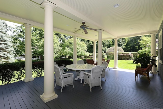 27 Country Club Rd, Ridgefield, CT 06877 - deck featuring a ceiling fan, outdoor dining area, and a yard