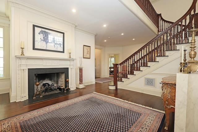 27 Country Club Rd, Ridgefield, CT 06877 - living room featuring wood finished floors, stairs, ornamental molding, a fireplace, and baseboards