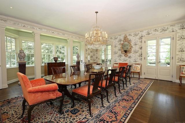 27 Country Club Rd, Ridgefield, CT 06877 - dining room with a chandelier, wallpapered walls, ornamental molding, dark wood finished floors, and baseboards