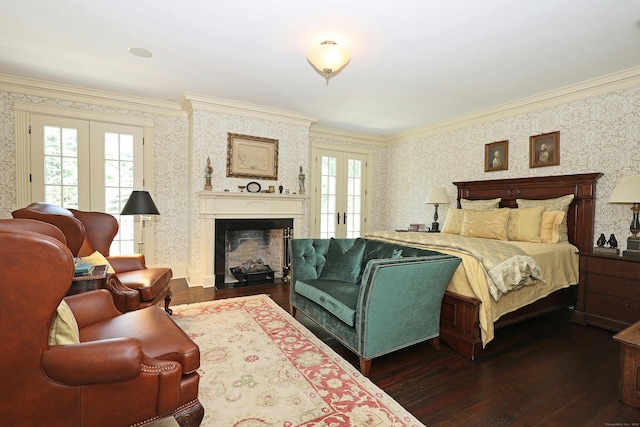 27 Country Club Rd, Ridgefield, CT 06877 - bedroom featuring french doors, wallpapered walls, dark wood-style floors, ornamental molding, and a fireplace with flush hearth