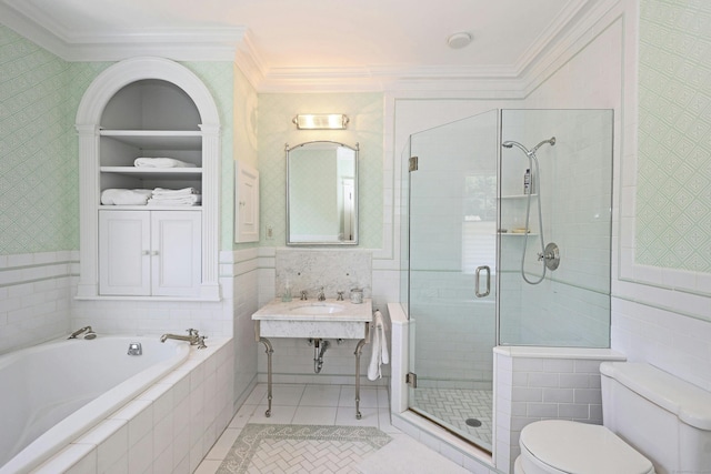 27 Country Club Rd, Ridgefield, CT 06877 - full bath with toilet, tile walls, a stall shower, ornamental molding, and tile patterned flooring