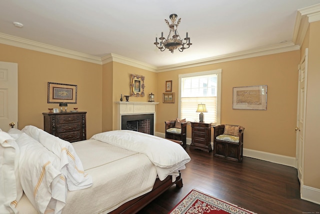 27 Country Club Rd, Ridgefield, CT 06877 - bedroom with crown molding, a chandelier, dark wood-style floors, baseboards, and a fireplace