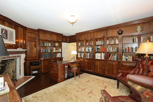27 Country Club Rd, Ridgefield, CT 06877 - office space featuring dark wood-style flooring and a fireplace with raised hearth