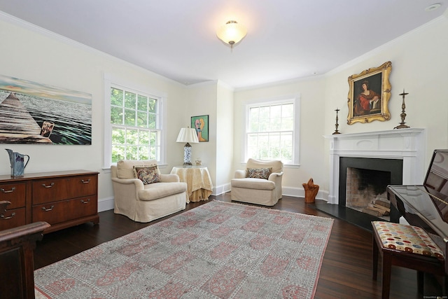 27 Country Club Rd, Ridgefield, CT 06877 - living area with ornamental molding, a fireplace, dark wood-style floors, and baseboards
