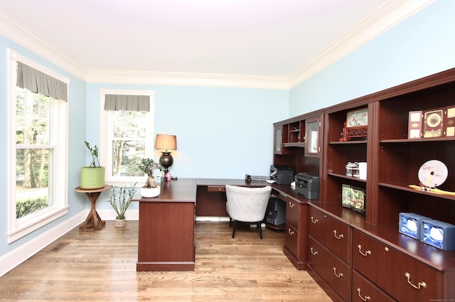 56 Grouse Ln, Woodbridge, CT 06525 - office area with built in desk, ornamental molding, light wood-style floors, and baseboards